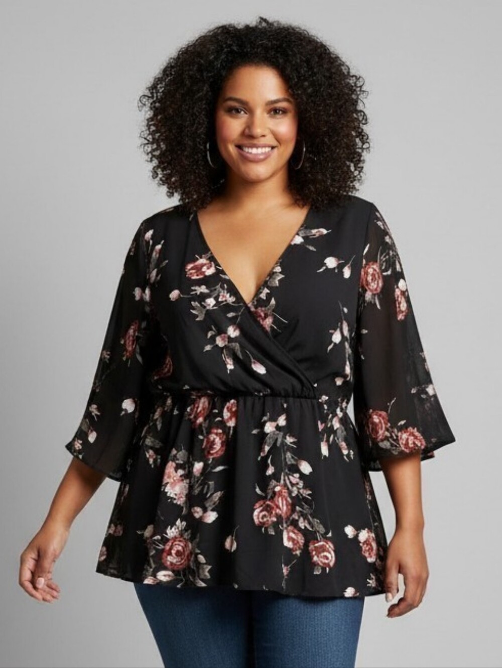 torrid Black Floral Wrap-Front Blouse with Rose Print